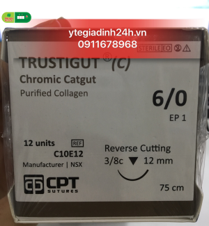 Chỉ tan chậm tự nhiên Trustigut (C) (Chromic Catgut) số 6/0, dài 75 cm, kim tam giác 3/8c, dài 12 mm