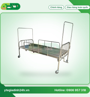 Giường 1 tay quay Inox 201 vạc hộp có thanh chắn, bánh xe