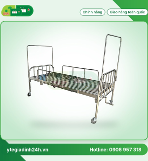 Giường 1 tay quay Inox 201 vạc hộp có thanh chắn, bánh xe và bô vệ sinh
