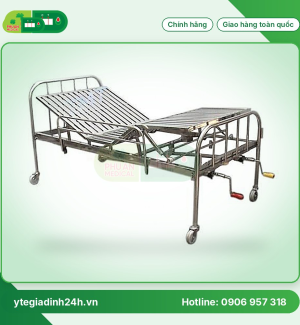 Giường 2 tay quay Inox 201 vạc hộp có thanh chắn, bánh xe 
