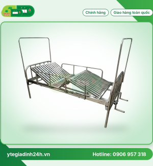 Giường 2 tay quay Inox 201 vạc hộp có thanh chắn, bánh xe và bô vệ sinh 