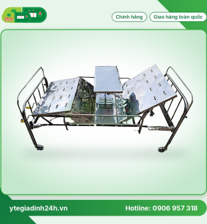 Giường 2 tay quay Inox 201 vạc tấm liền có bàn ăn, thanh chắn, bánh xe
