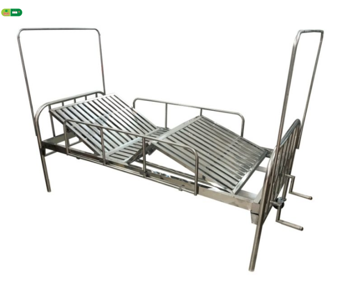 Giường 2 tay quay Inox 201 vạc hộp có thanh chắn, bánh xe và bô vệ sinh 