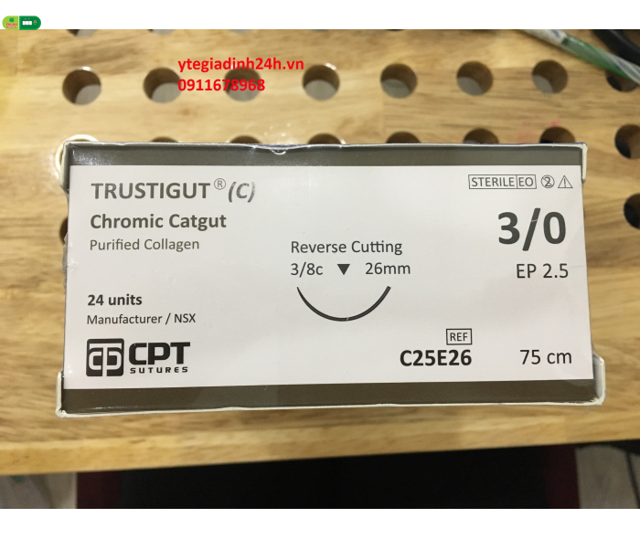 Chỉ Phẫu Thuật CPT - TRUSTIGUT Chromic Catgut 3/0 3/8c 26mm  75cm