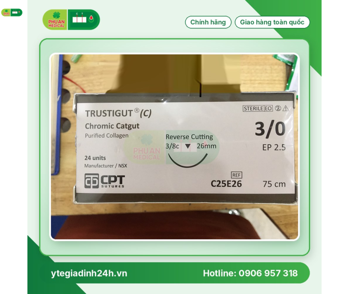 Chỉ Phẫu Thuật CPT - TRUSTIGUT Chromic Catgut 3/0 3/8c 26mm  75cm
