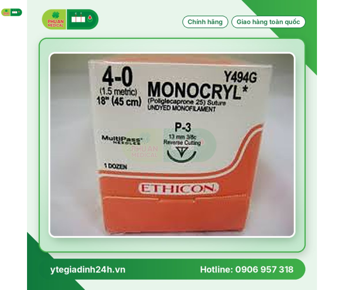 Chỉ Phẫu Thuật MONOCRYL*MONOCRYL UNDYED 4-0 P-3 18 13mm 3/8 circle cutting Y494G