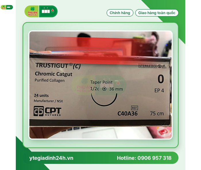 Chỉ tan chậm tự nhiên Trustigut (C) (Chromic Catgut) số 0, dài 75 cm, kim tròn 1/2c, dài 36 mm.