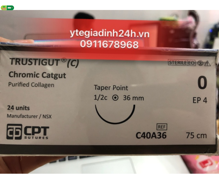 Chỉ tan chậm tự nhiên Trustigut (C) (Chromic Catgut) số 0, dài 75 cm, kim tròn 1/2c, dài 36 mm.