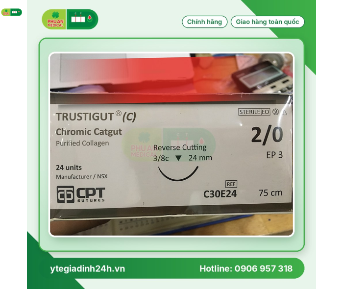Chỉ tan chậm tự nhiên Trustigut (C) (Chromic Catgut) số 2/0, dài 75 cm, kim tam giác 3/8c, dài 24 mm