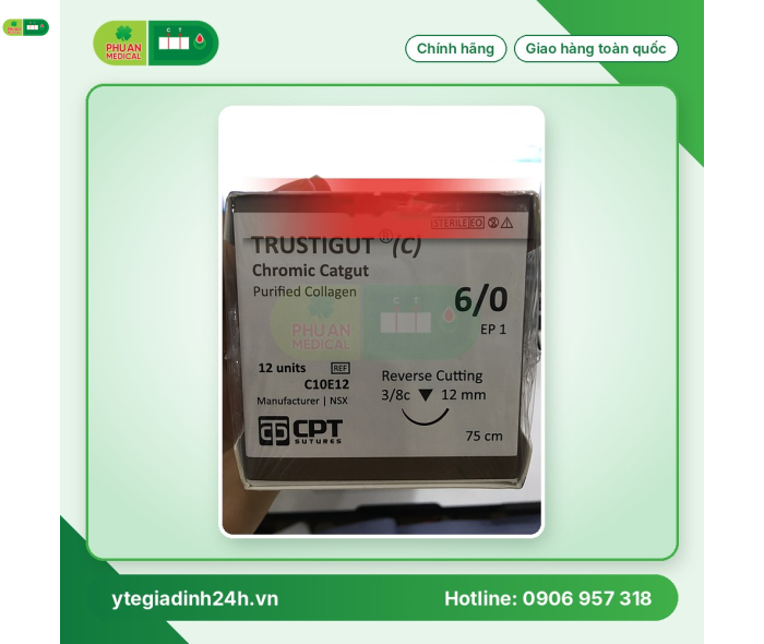 Chỉ tan chậm tự nhiên Trustigut (C) (Chromic Catgut) số 6/0, dài 75 cm, kim tam giác 3/8c, dài 12 mm