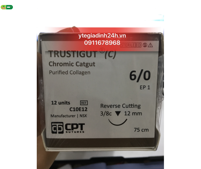 Chỉ tan chậm tự nhiên Trustigut (C) (Chromic Catgut) số 6/0, dài 75 cm, kim tam giác 3/8c, dài 12 mm