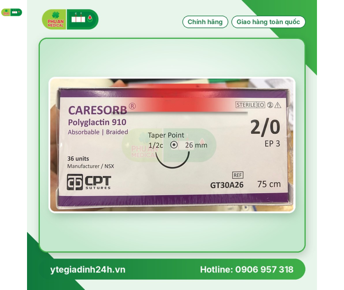 Chỉ tan tổng hợp đa sợi Caresorb (Polyglactin 910) số 2/0, GT30A26