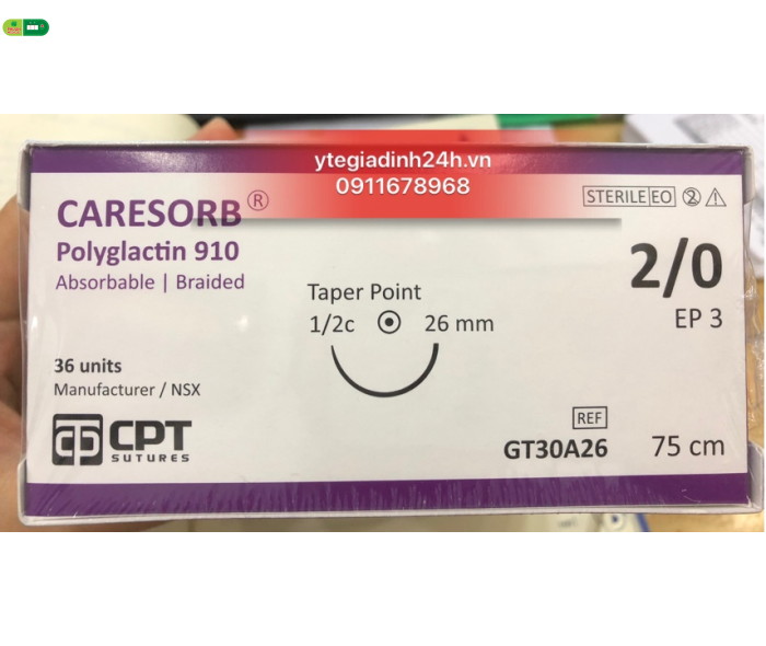 Chỉ tan tổng hợp đa sợi Caresorb (Polyglactin 910) số 2/0, GT30A26
