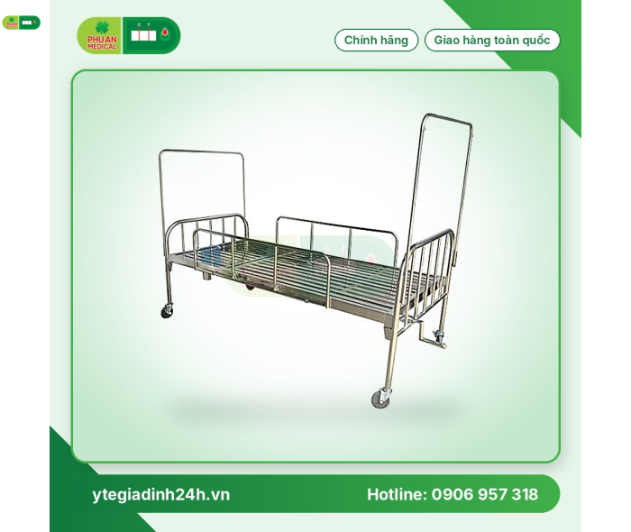 Giường 1 tay quay Inox 201 vạc hộp có thanh chắn, bánh xe và bô vệ sinh