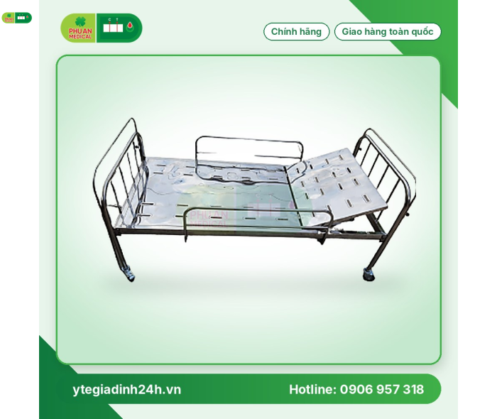 Giường 1 tay quay Inox 201 vạc tấm liền có thanh chắn, bánh xe 