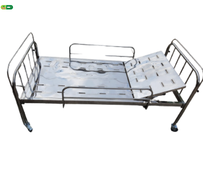 Giường 1 tay quay Inox 201 vạc tấm liền có thanh chắn, bánh xe 