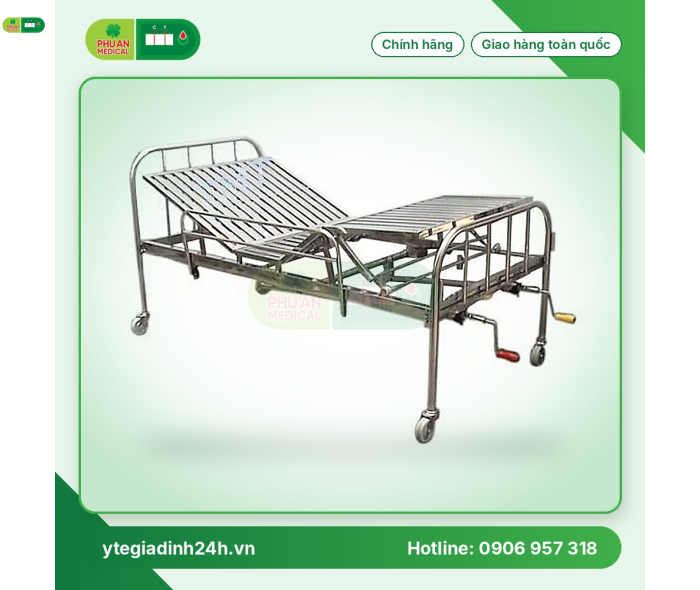 Giường 2 tay quay Inox 201 vạc hộp có thanh chắn, bánh xe 
