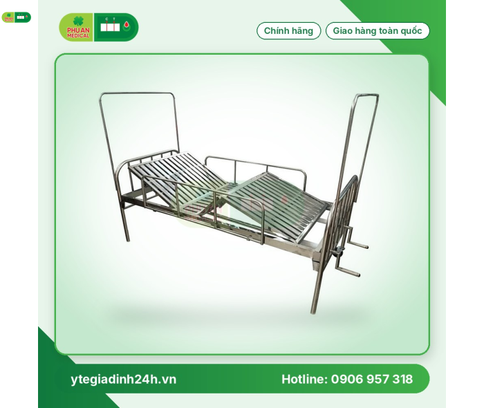 Giường 2 tay quay Inox 201 vạc hộp có thanh chắn, bánh xe và bô vệ sinh 