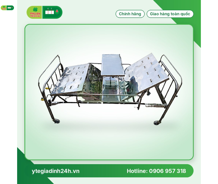Giường 2 tay quay Inox 201 vạc tấm liền có bàn ăn, thanh chắn, bánh xe