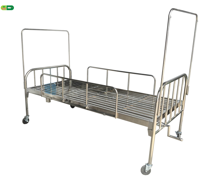 Giường 1 tay quay Inox 201 vạc hộp có thanh chắn, bánh xe