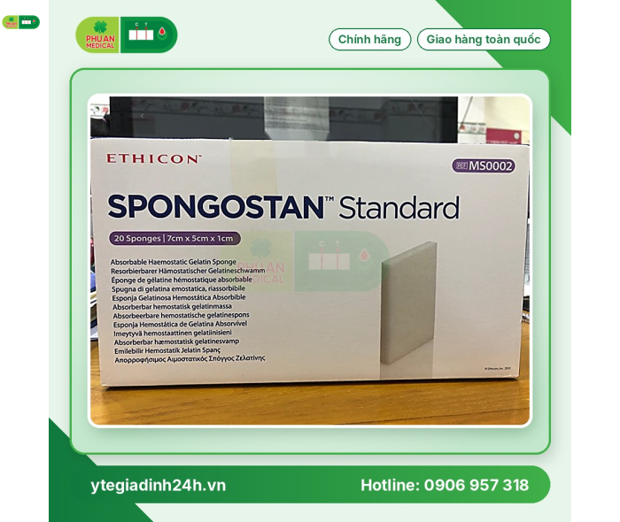 SPONGOSTAN Miếng cầm máu bằng gelatin dạng bọt xốp màu trắng  tiệt trùng, không tan 7x5x1cm, hộp 20 
