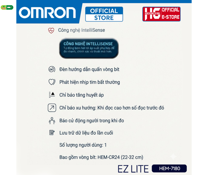 Máy Đo Huyết Áp OMRON EZ Lite HEM-7180 (Cải tiến từ mã 8712) BH chính hãng 5 năm